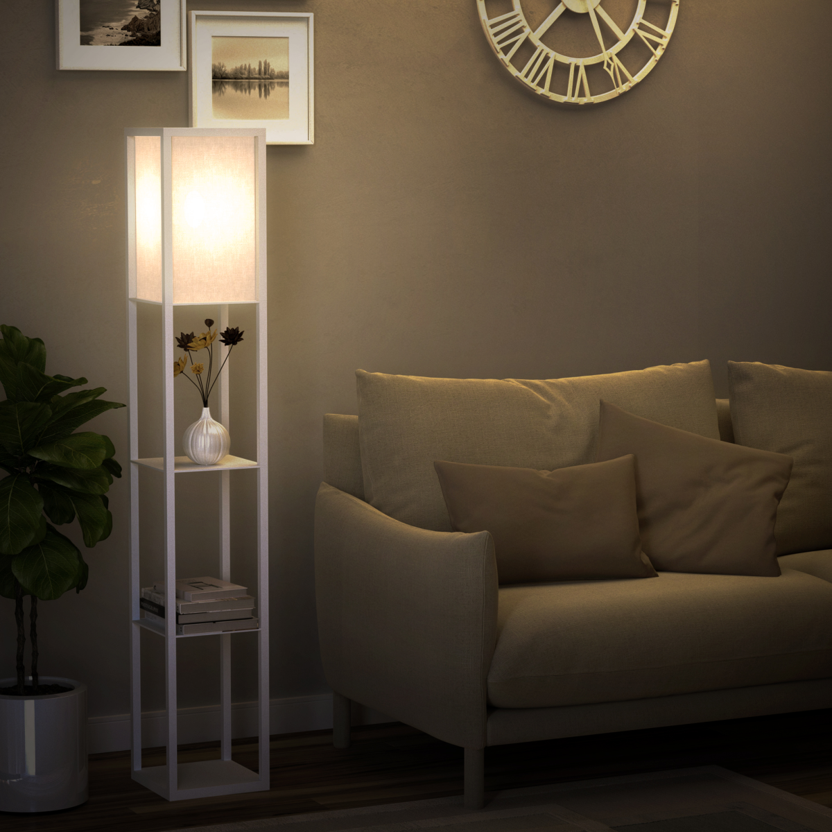 HOMCOM 4-Tier Floor Lamp with 3 Storage Shelves, White