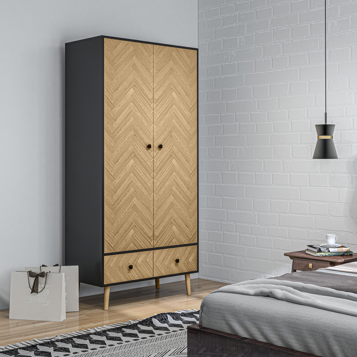 HOMCOM Wardrobe Cabinet with 2 Hanging Rods, 2 Shelves and 2 Drawers, Wood Grain Grey/Oak, 90x50x190cm