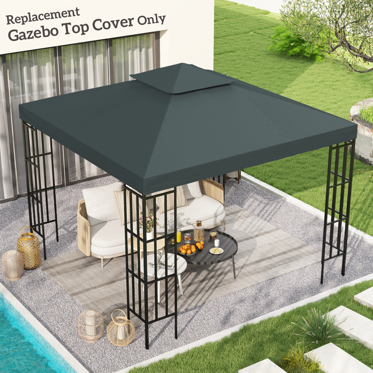 Outsunny 3m 2-Tier Gazebo Replacement Canopy Top Cover, Charcoal Grey
