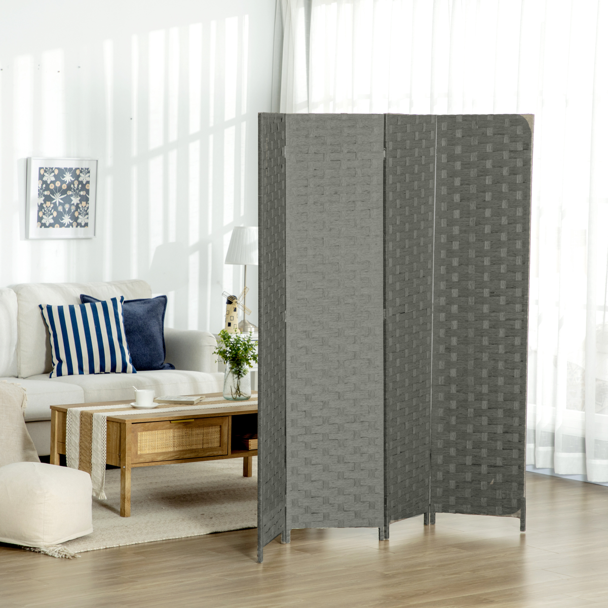 4-Panel Foldable Wave Fibre Room Divider Privacy Screen, Grey