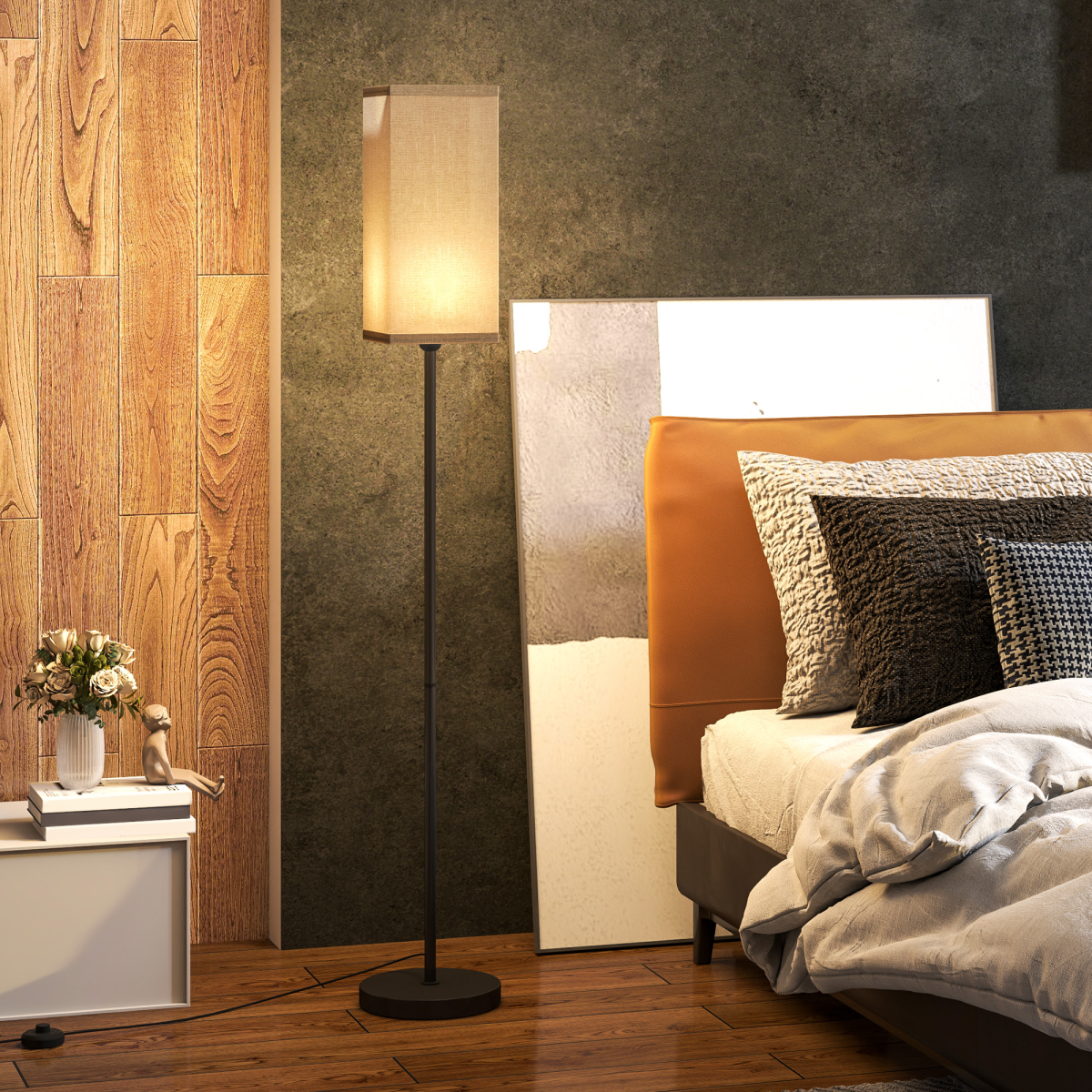 HOMCOM Black Standing Floor Lamp with Linen Shade, Foot Switch