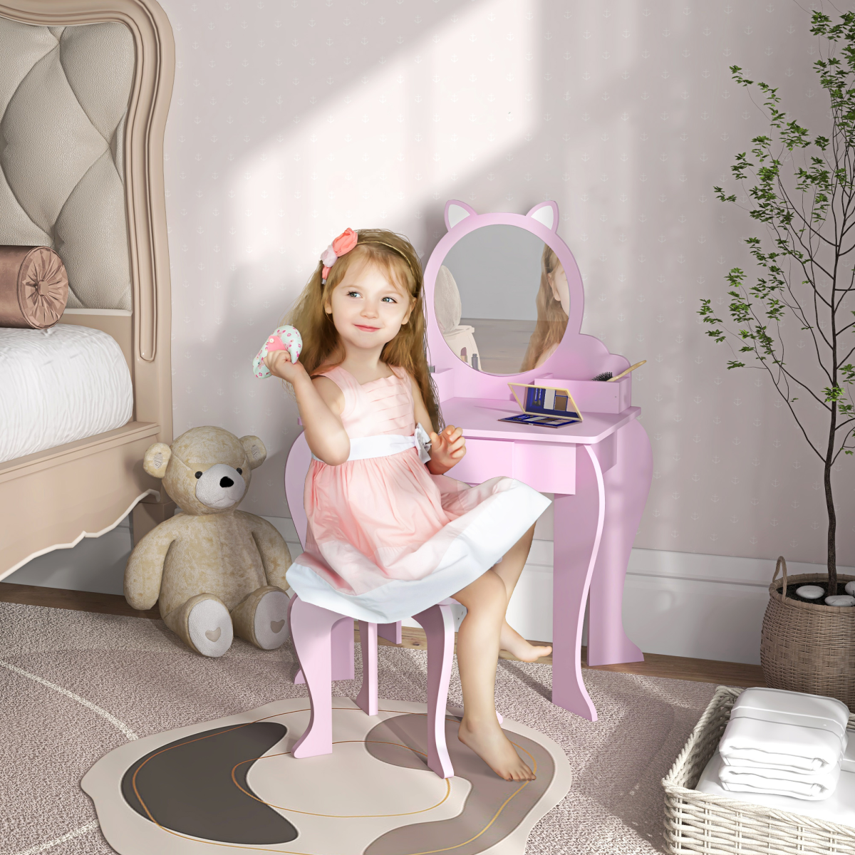 ZONEKIZ Kids Dressing Table Set with Mirror, Stool, Drawer and Storage Boxes, Cat Design, Pink