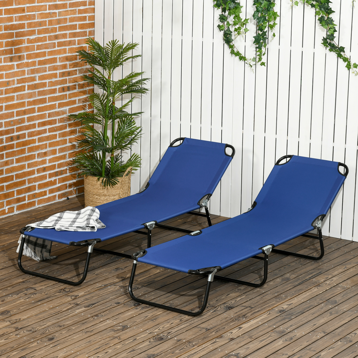 Outsunny Set of 2 Folding Sun Loungers with Adjustable Backrest, Blue