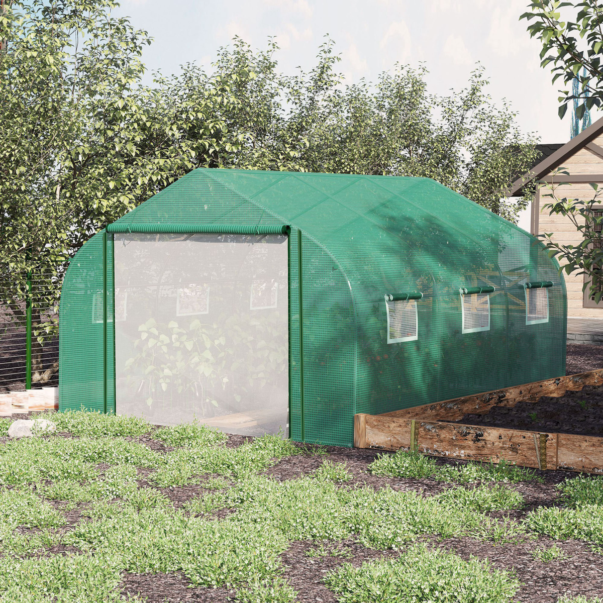 Outsunny Walk-In Greenhouse, Roll-Up Door, 6 Windows, 3.5 x 3 x 2m, Green
