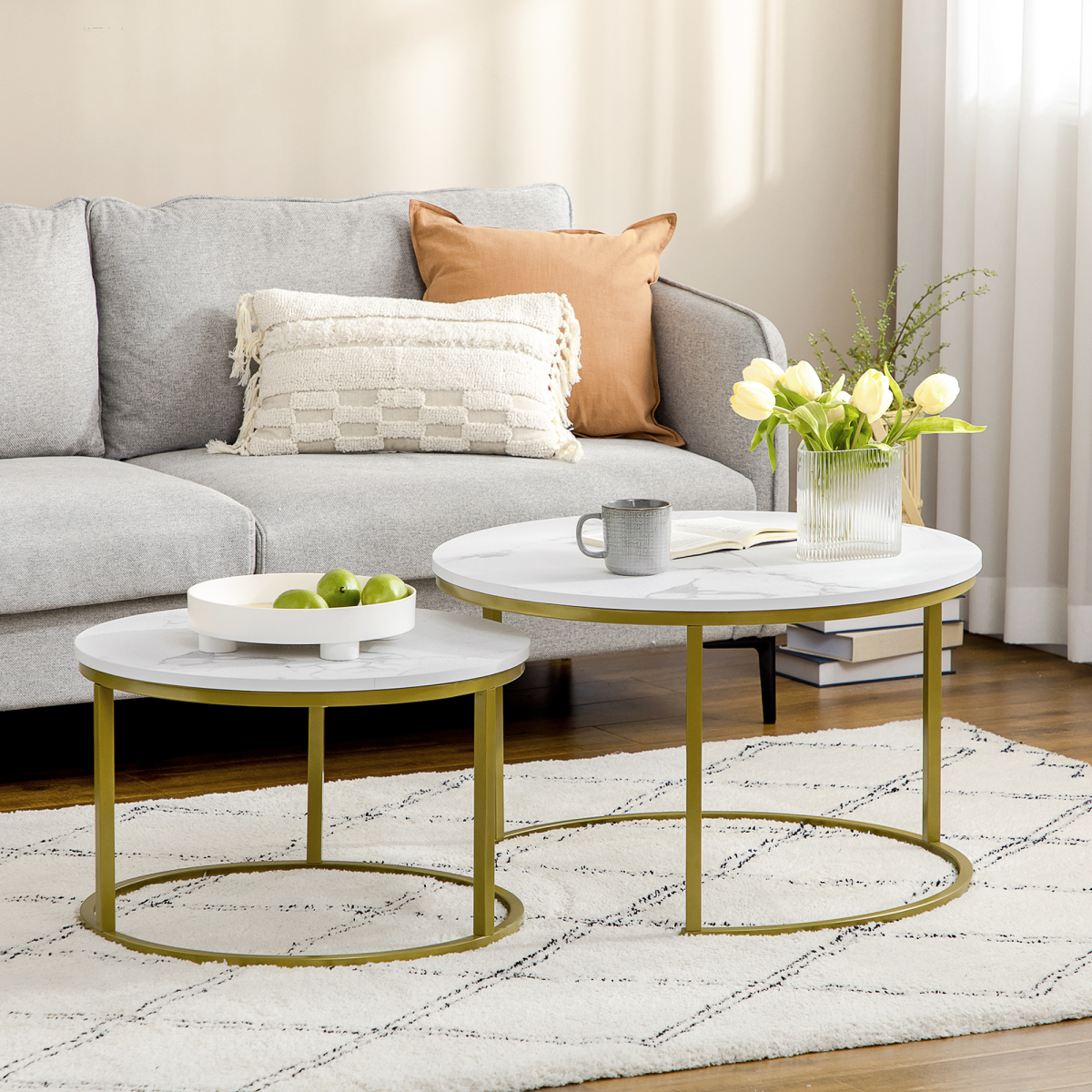 HOMCOM Set of 2 Round Nesting Marble Coffee Tables for Living Room
