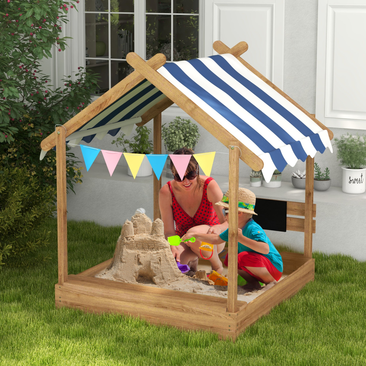 Outsunny Kids Wooden Sand Pit with Canopy, Blackboard, Sink, Seats and Toys