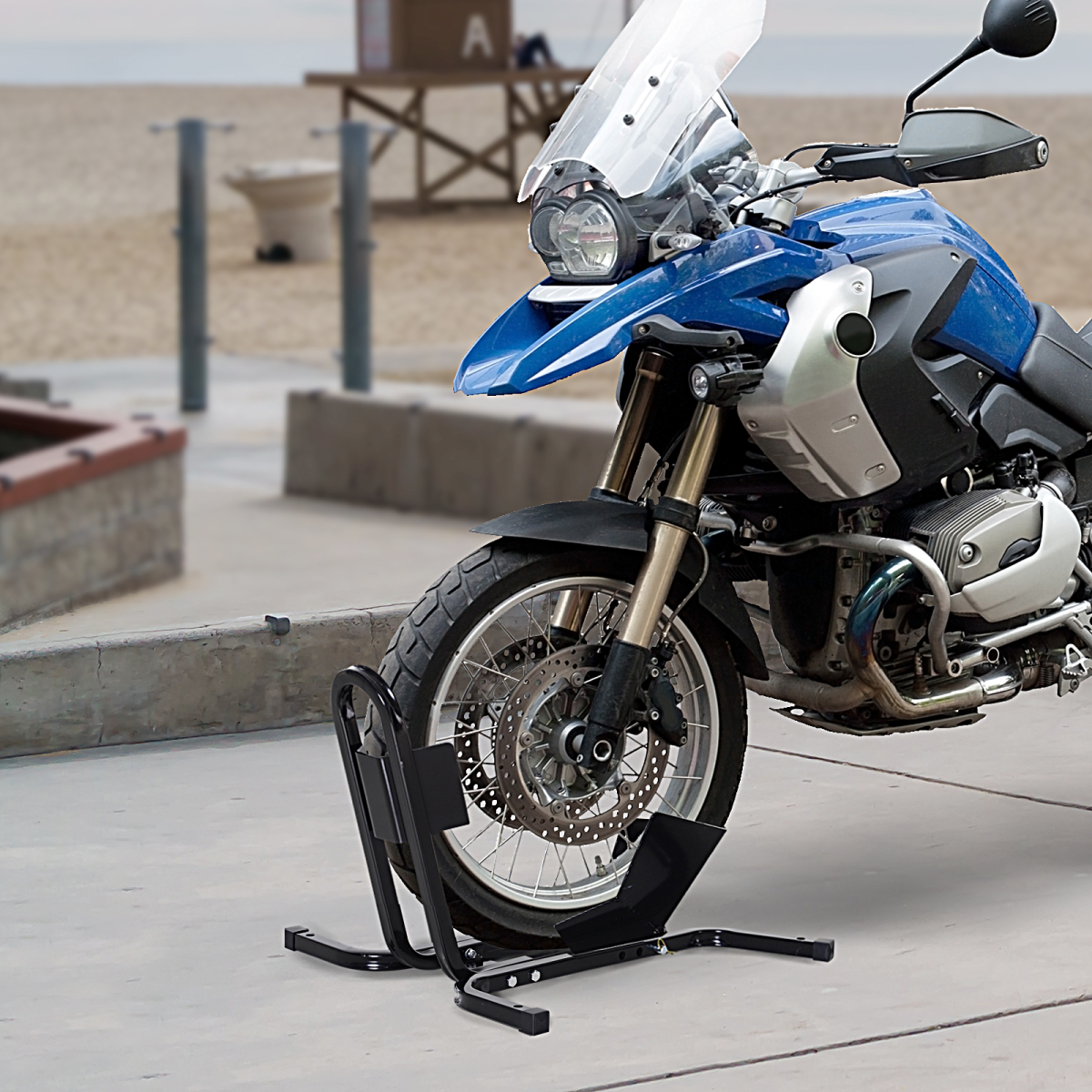 Adjustable Metal Motorcycle Wheel Chock with Pre-Drilled Holes, Freestanding Motorbike Holder