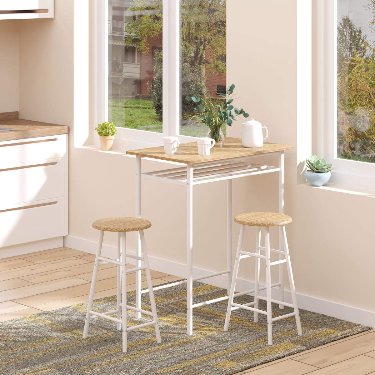HOMCOM White and Oak 3-Piece Bar Height Dining Set with Table, 2 Stools and Shelf Storage