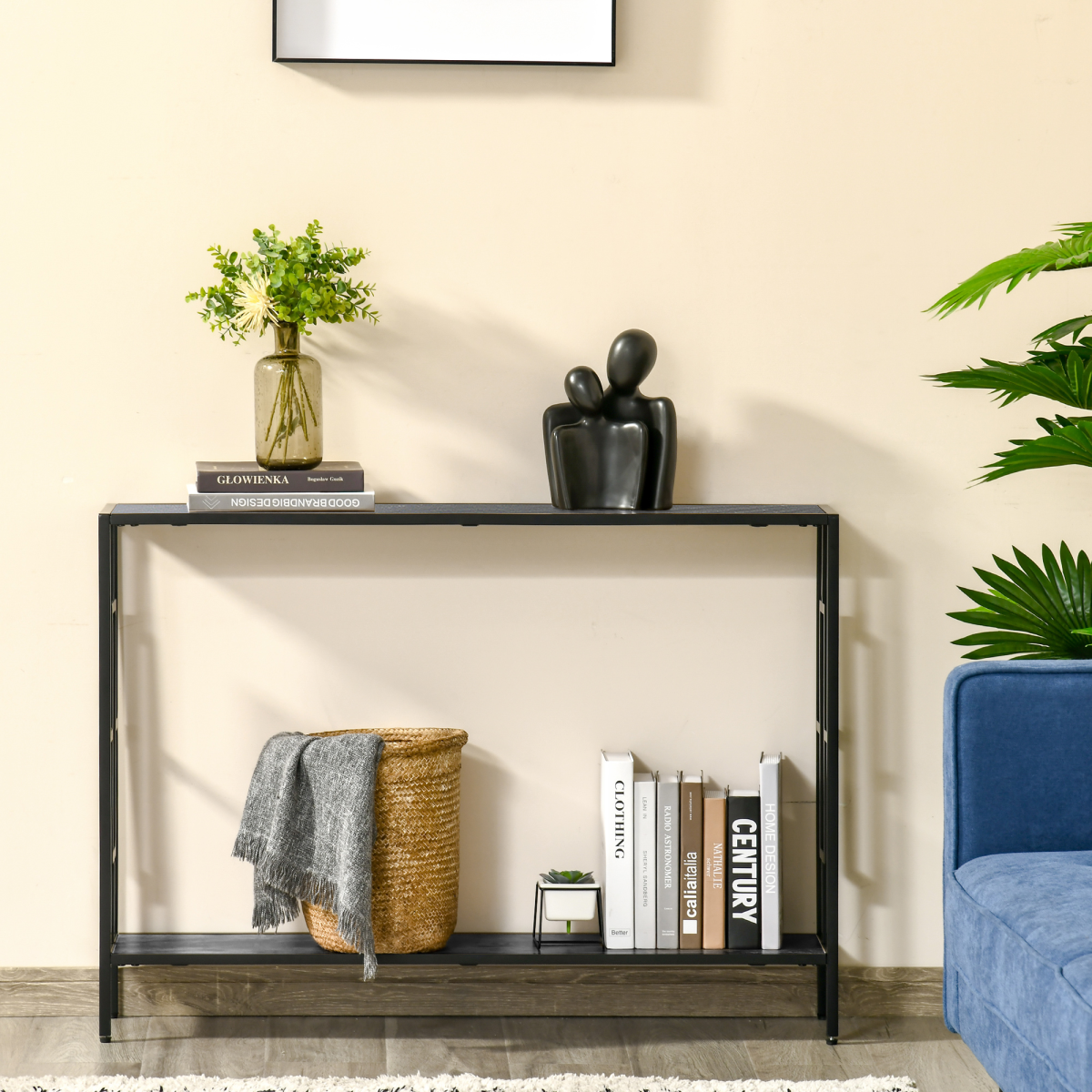 HOMCOM Console Table with 2 Shelves, Particle Board and Metal Frame, Art Deco Style, 76x106cm