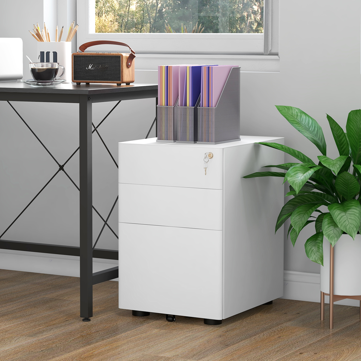 3 Drawer Steel Filing Cabinet Lockable 4 Wheels Compact Under Desk White
