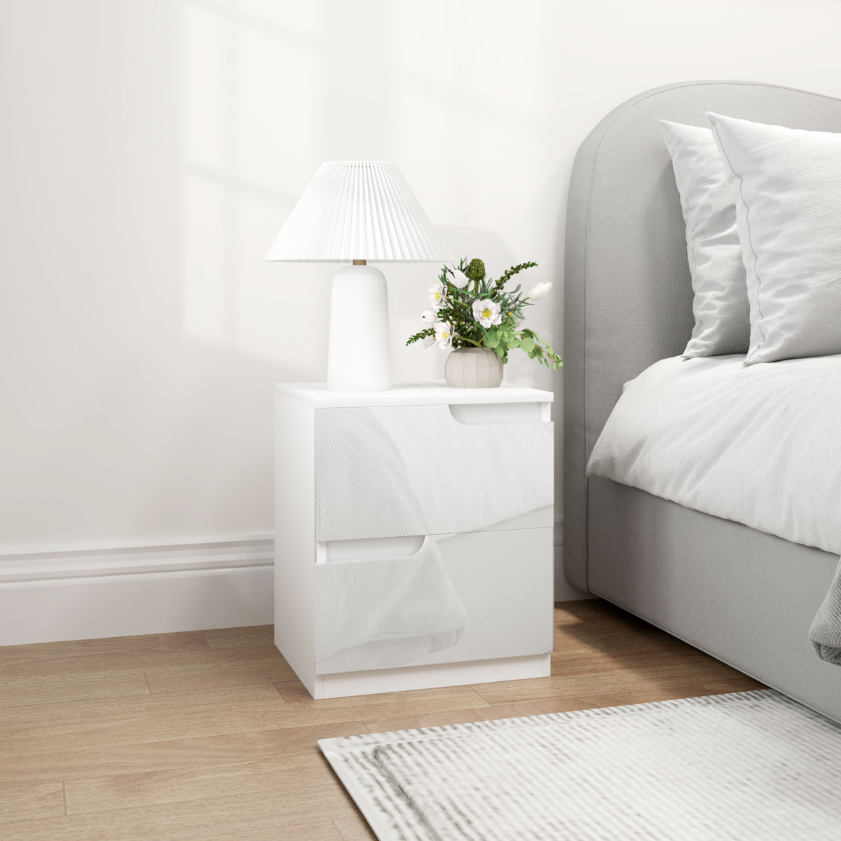 HOMCOM Modern White Bedside Table with 2 Drawers for Bedroom