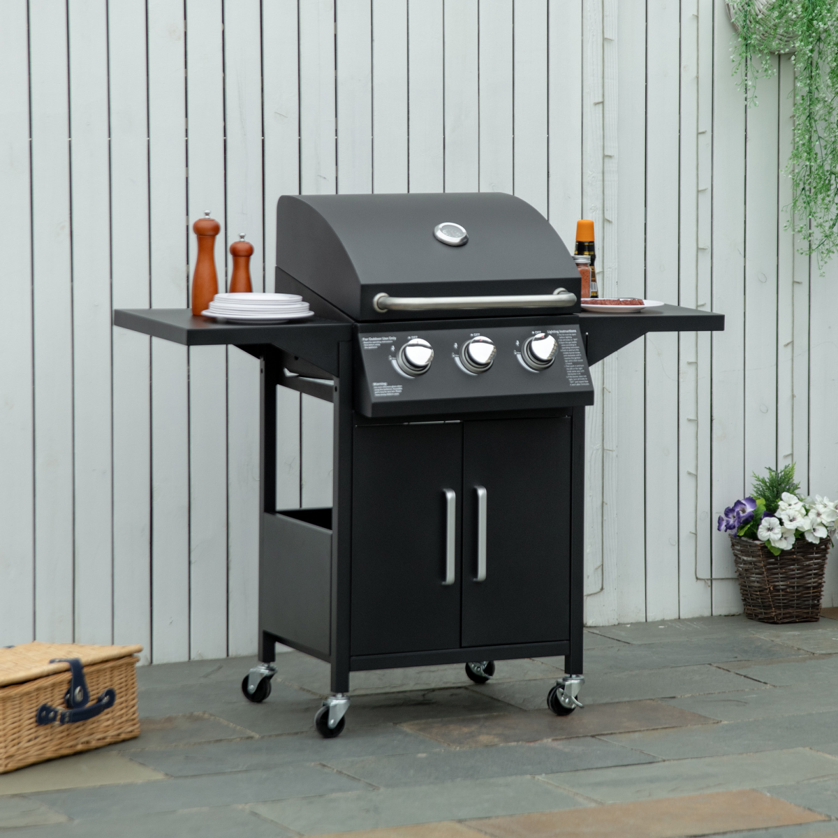 Outsunny 3 Burner Gas BBQ Grill with Lid, Warming Rack, Side Shelves, Storage Cabinet, Wheels, Piezo Ignition