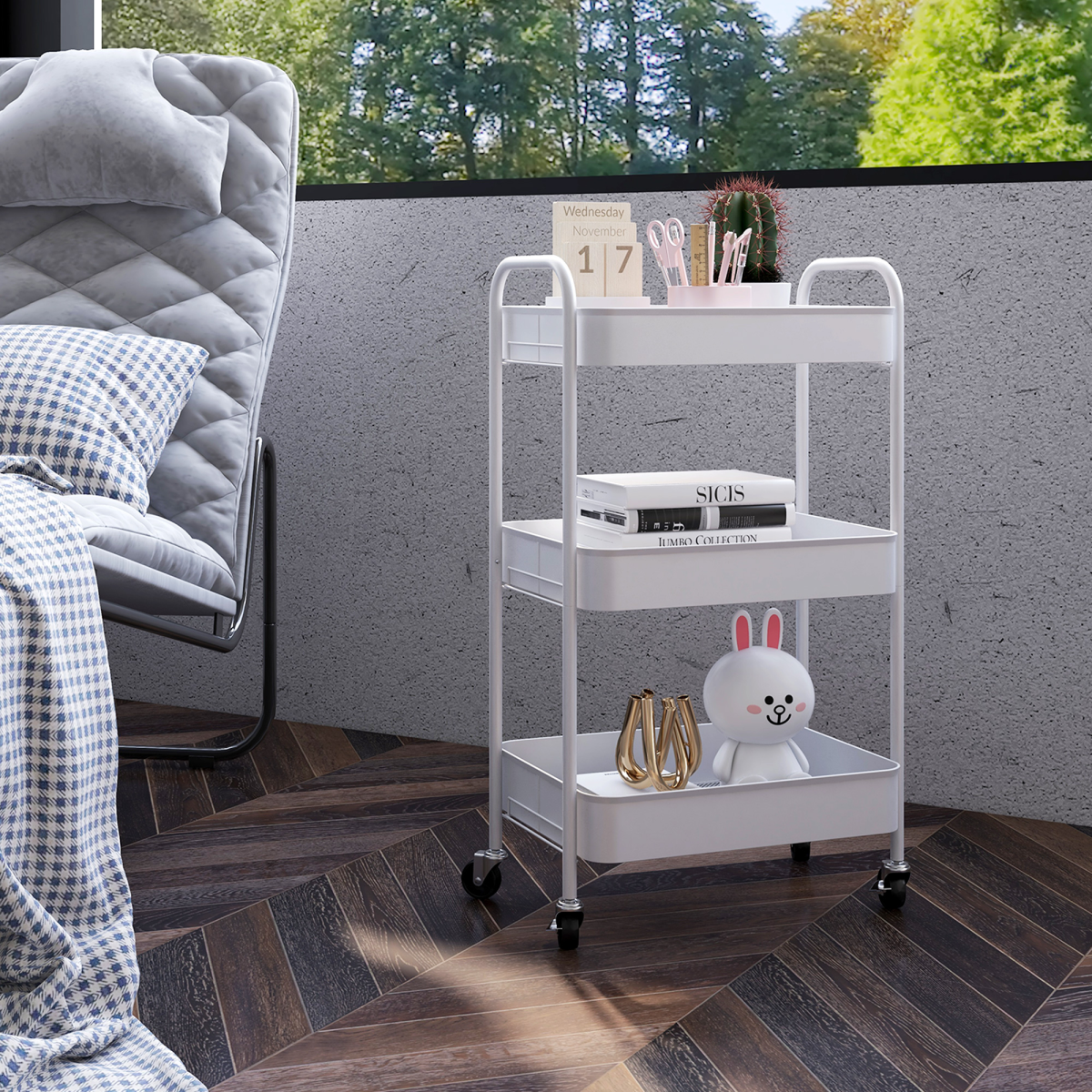 HOMCOM 3-Tier Rolling Utility Cart with Mesh Baskets, White