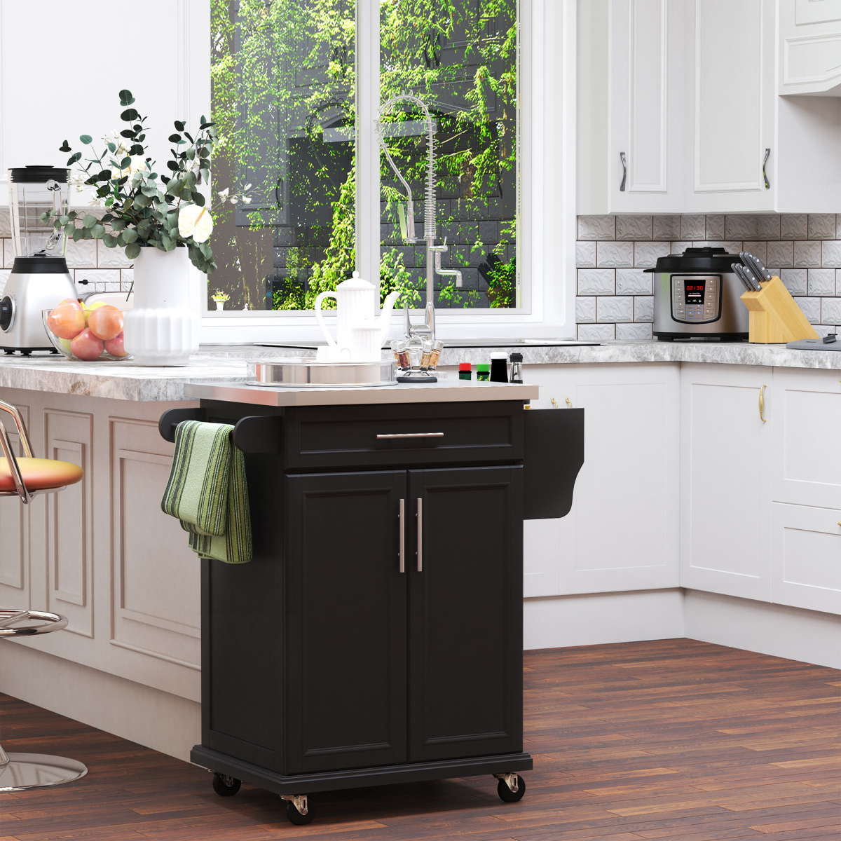 Rolling Kitchen Cart Storage Trolley with Drawer, Towel Rail, Stainless Steel Worktop, Lockable Wheels, Black