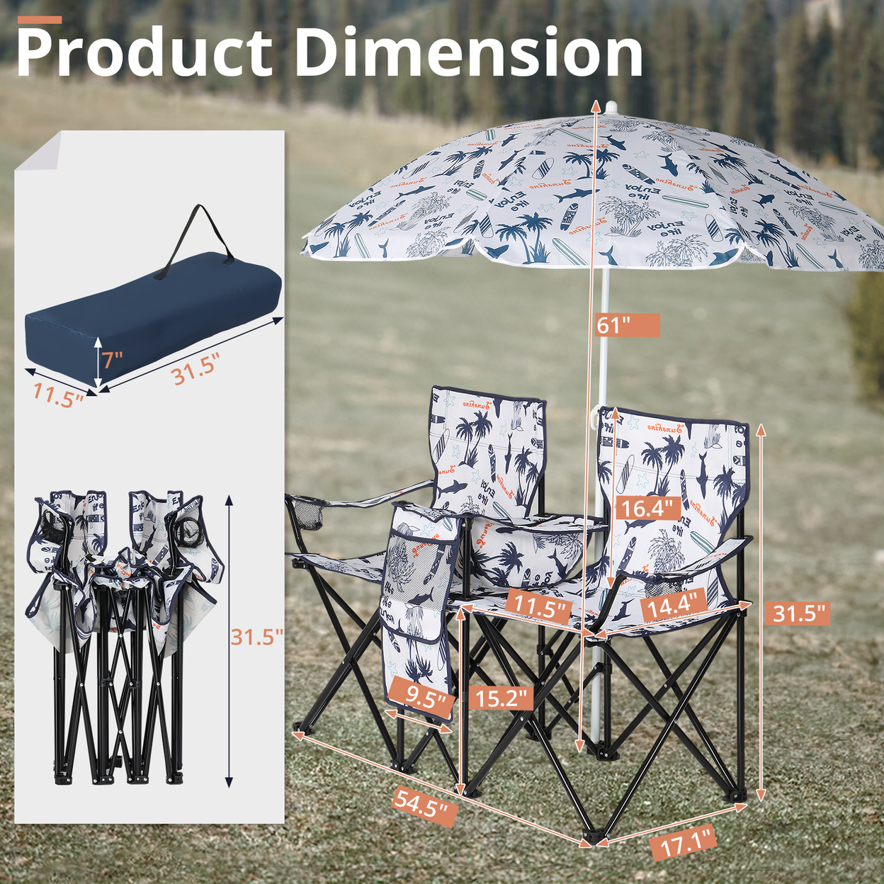 Portable Outdoor 2-Seat Folding Chair w/ Removable Sun Umbrella Coconut Tree (HTML)