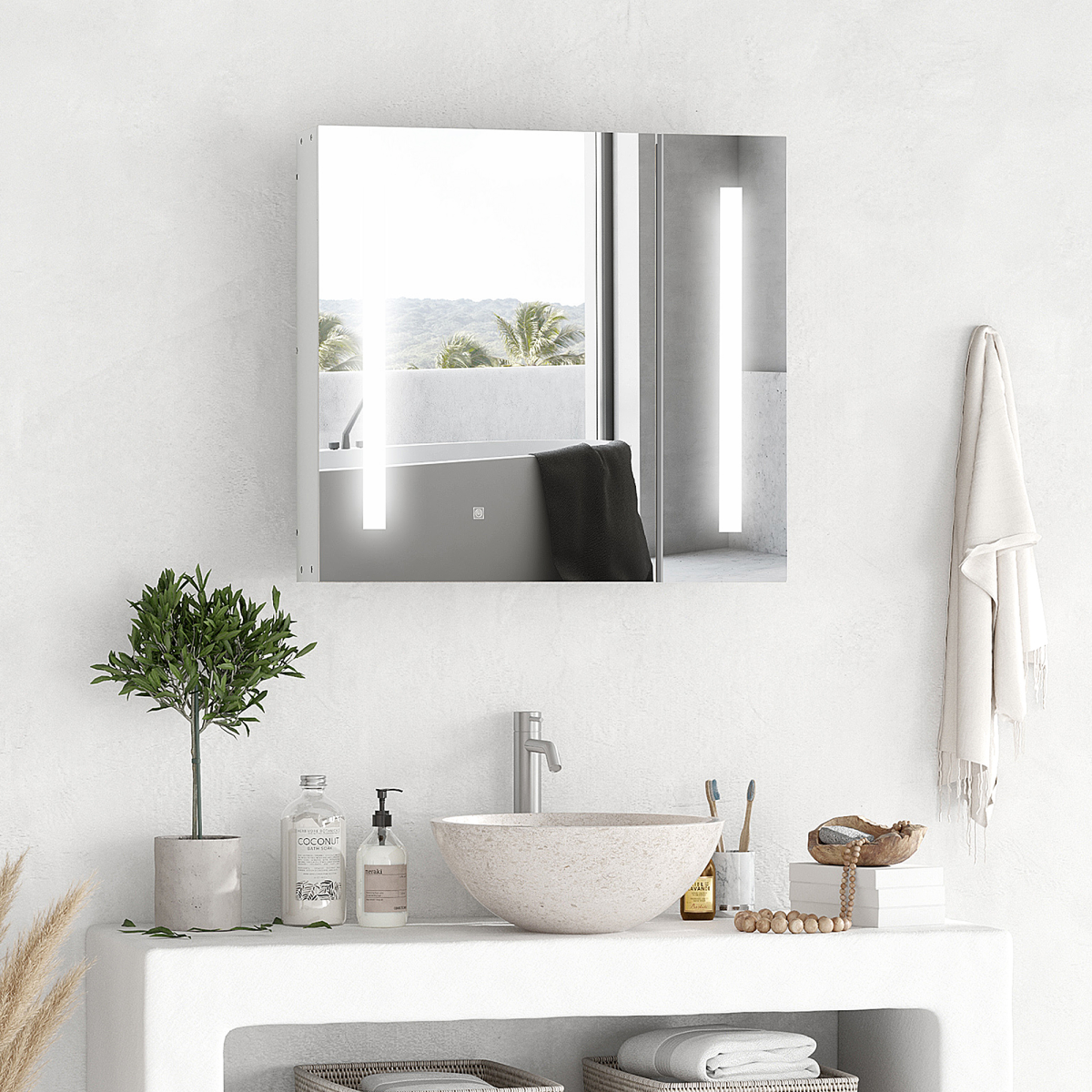kleankin LED Illuminated Bathroom Mirror Cabinet with Touch Sensor, USB Powered, Double Mirrored Doors, Adjustable Shelf, Wall Mounted Storage Cabinet, 70 x 15 x 65 cm
