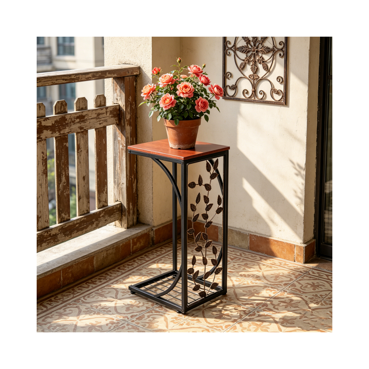 【Same Code:84356574】54*30.5*21CM Leaf Pattern Iron Side Table Coffee Table Brown