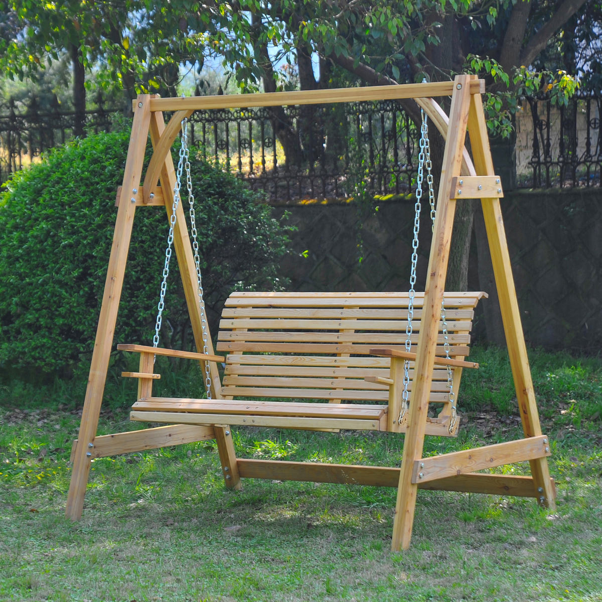 Outsunny 2-Seater Larch Wood Garden Swing Bench with Cup Trays