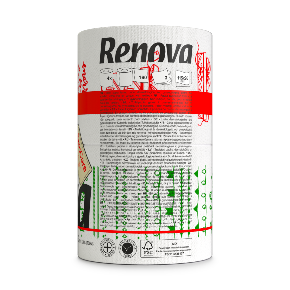 Renova Christmas Toilet Rolls 4 Pack, Festive Design, 160 Sheets per Roll