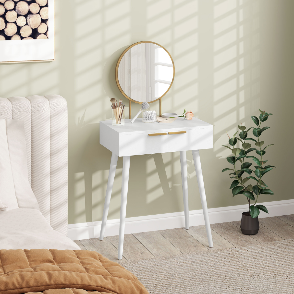 HOMCOM Modern Dressing Table with 2 Drawers & Round Mirror, White