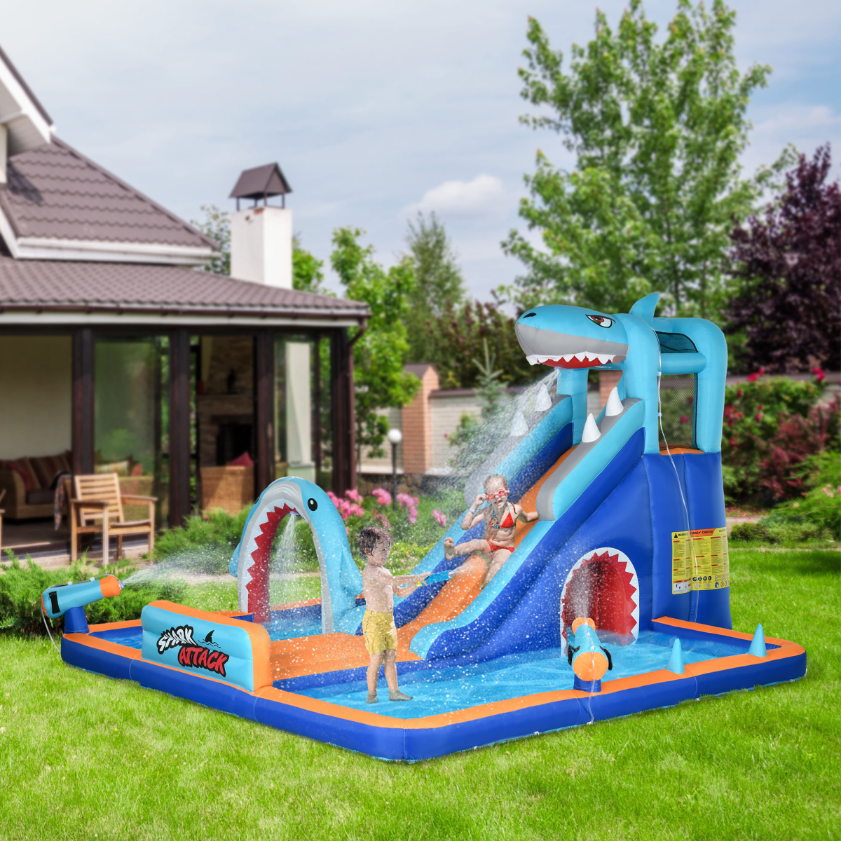 Outsunny 6-in-1 Kids Shark-Themed Bouncy Castle Water Park with Slide, Pool, Trampoline and Blower