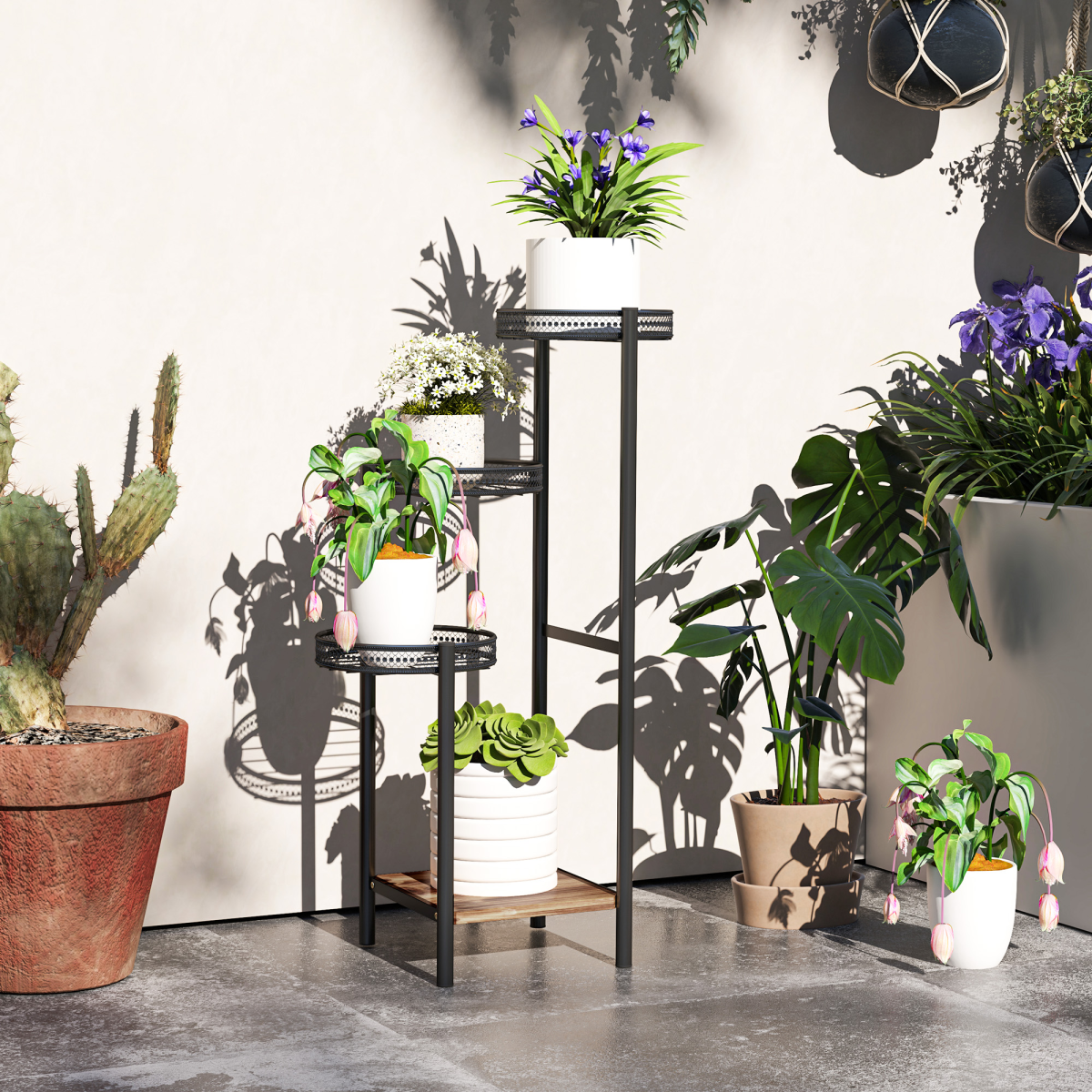 Outsunny 4-Tier Plant Pot Stand, Metal and Fir Wood Plant Shelf, Black