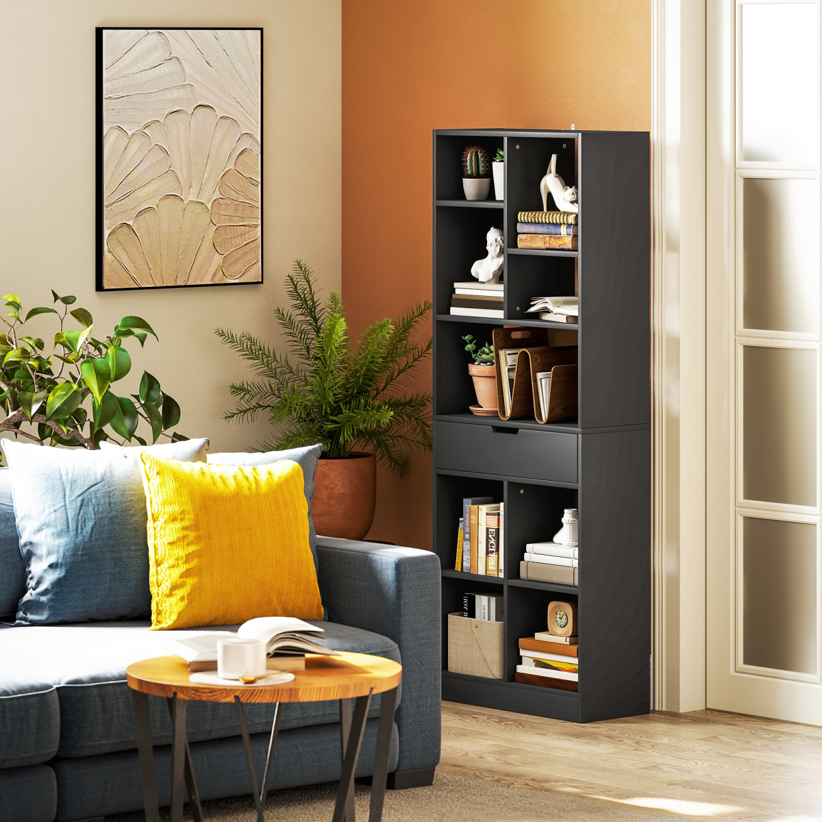 HOMCOM Freestanding Black Bookcase Display Shelf with Drawer, 9 Compartments