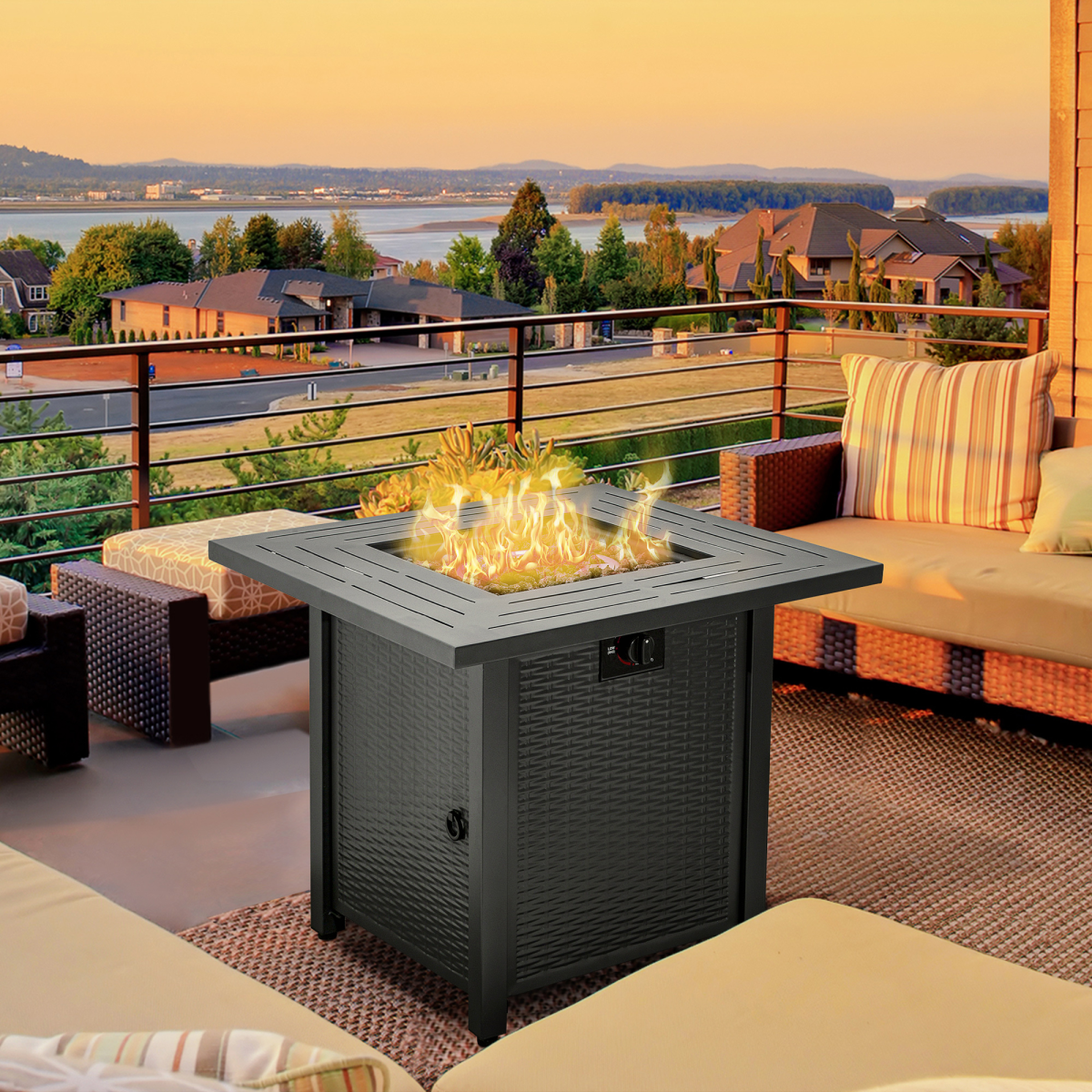 Outsunny Square Propane Gas Fire Pit Table, 40000 BTU Stainless Steel Burner, Pulse Ignition, Lava Rocks, Lid, Rattan Patio Heater