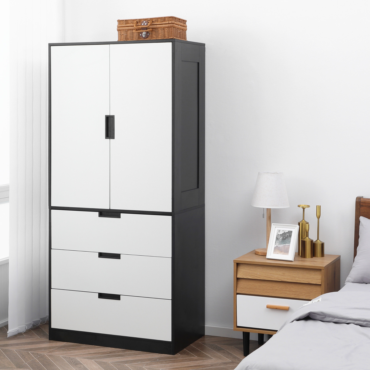HOMCOM 2-Door White Wardrobe with 3 Drawers & Hanging Rod