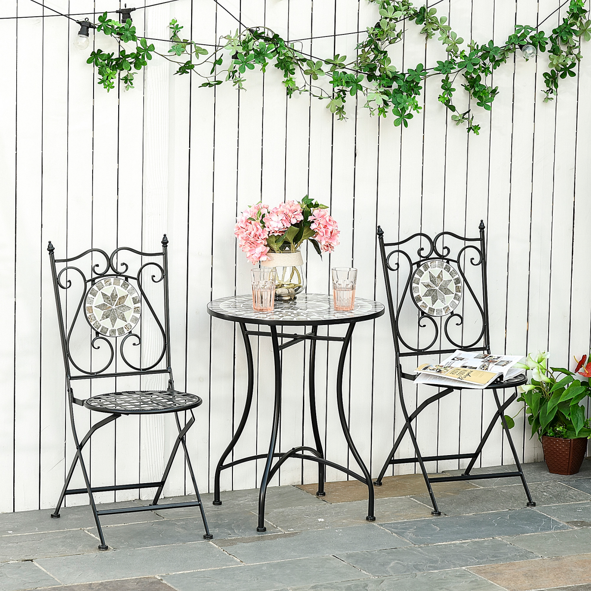 Outsunny 3-Piece Mosaic Tile Garden Bistro Set with Folding Chairs