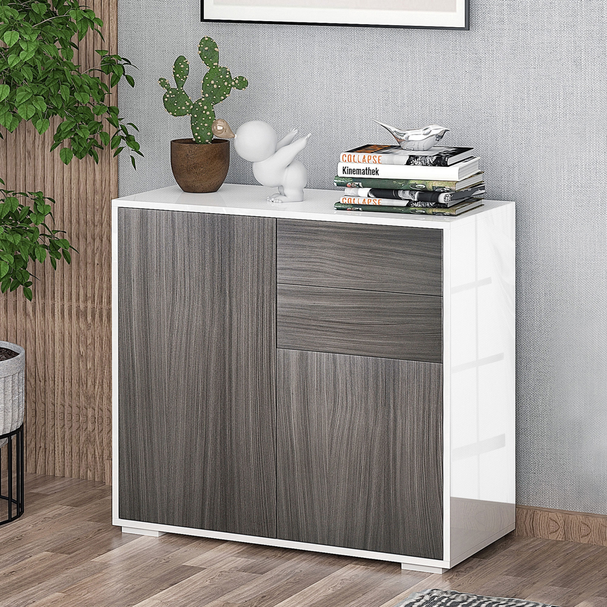 HOMCOM Grey Side Cabinet with 2 Doors and 2 Drawers for Home Office