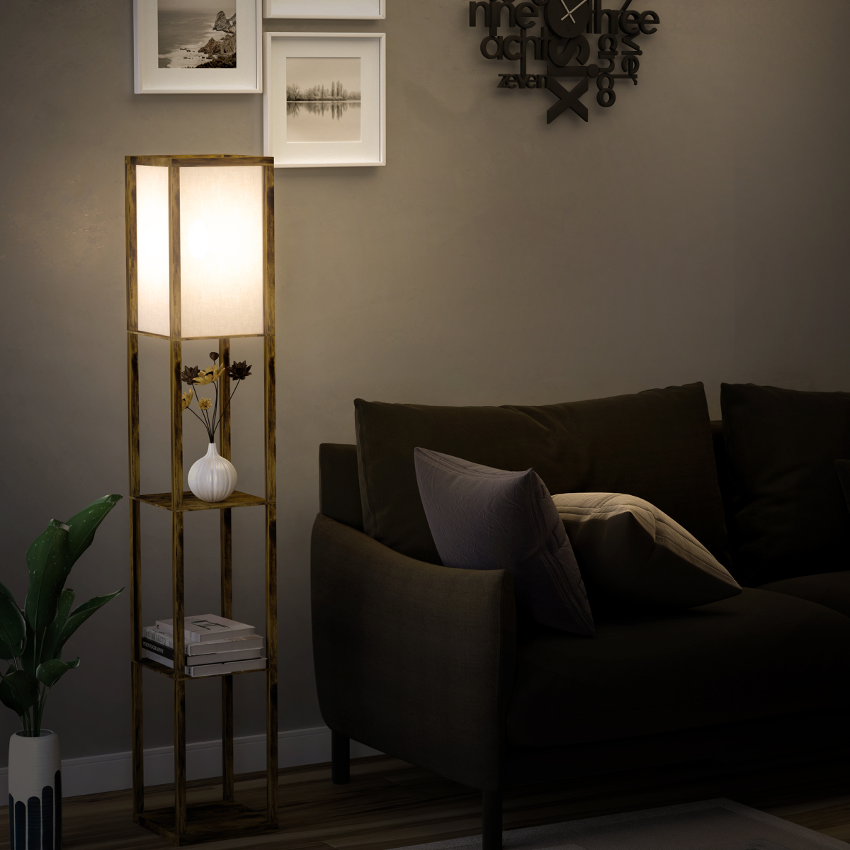 HOMCOM Floor Lamp with 3 Storage Shelves, Brown, E27 Bulb Base, Foot Switch