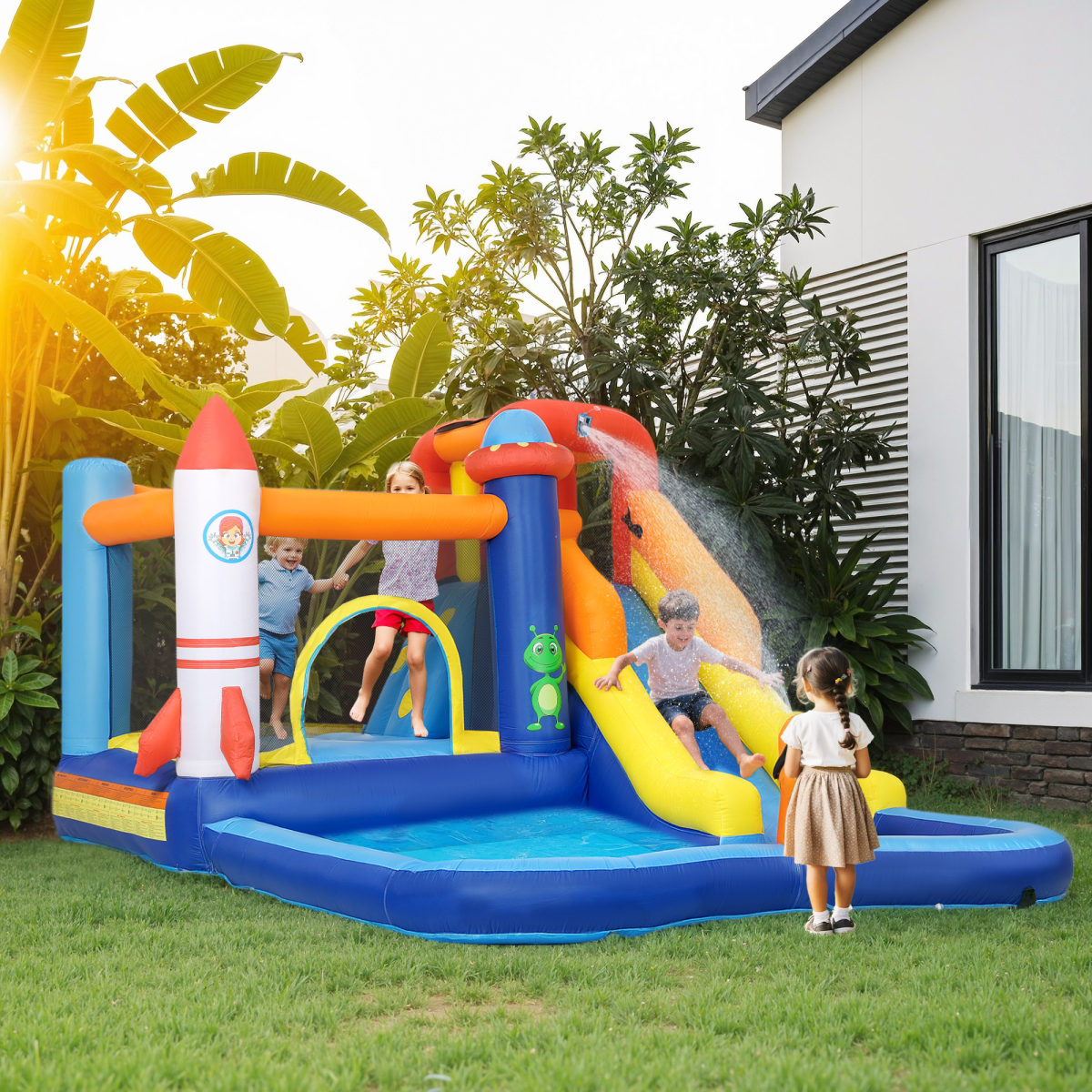 AIYAPLAY 5-in-1 Inflatable Water Slide Bouncy Castle with 550W Blower