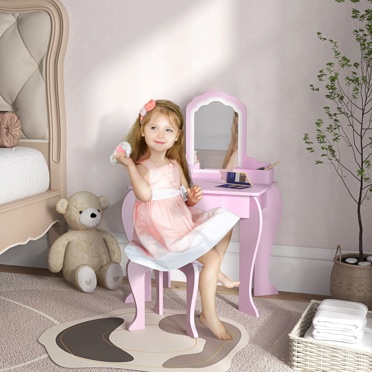 ZONEKIZ Kids Dressing Table Set with Mirror, Stool, Drawer Storage