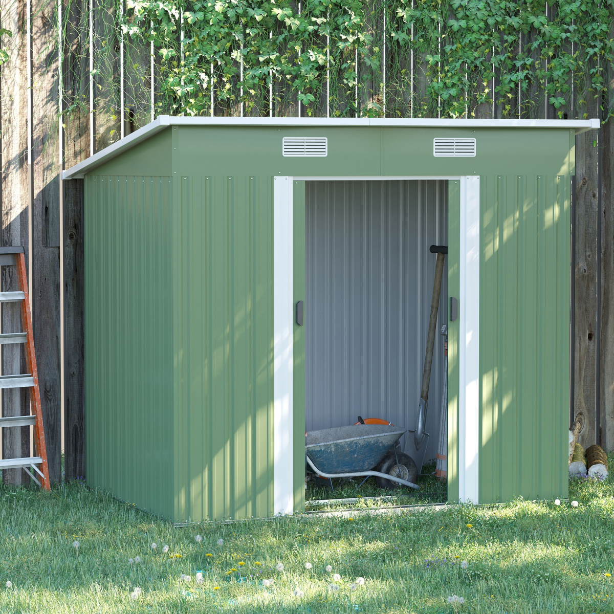 Outsunny 6.8 x 4.3ft Outdoor Garden Storage Shed, Green Corrugated Metal Shed with Sliding Door, Sloped Roof and Front Vents