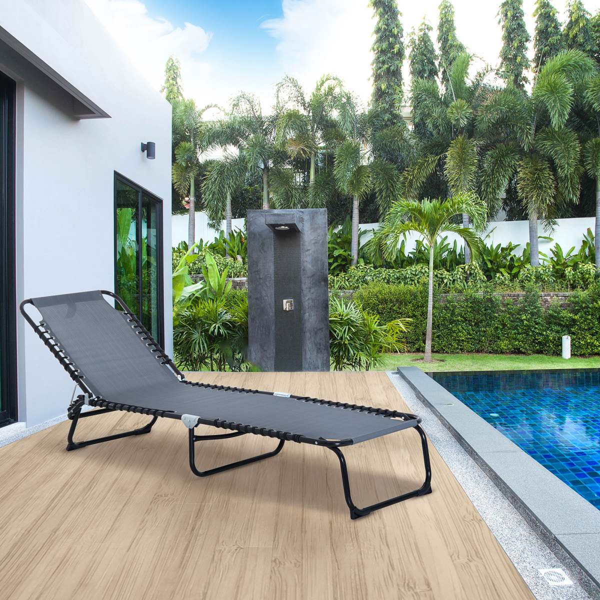 Foldable Outdoor Sun Lounger Chair with 4-Level Adjustable Backrest, Steel Frame, Texteline Seat, Outsunny
