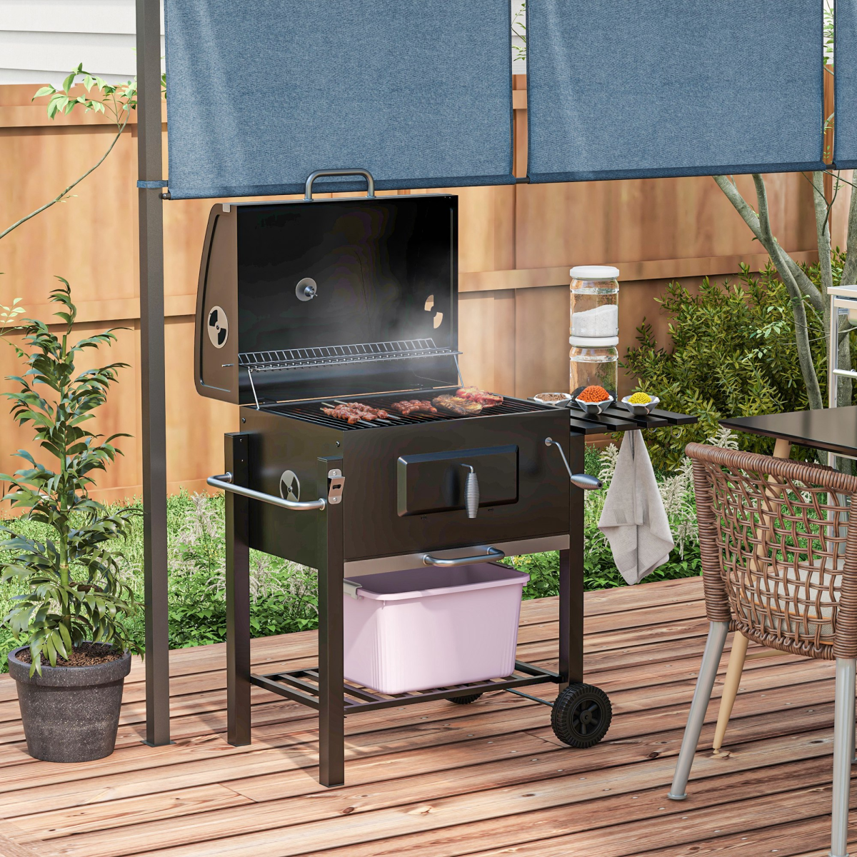 Outsunny Charcoal BBQ Grill Trolley with Wheels, Side Shelf & Thermometer