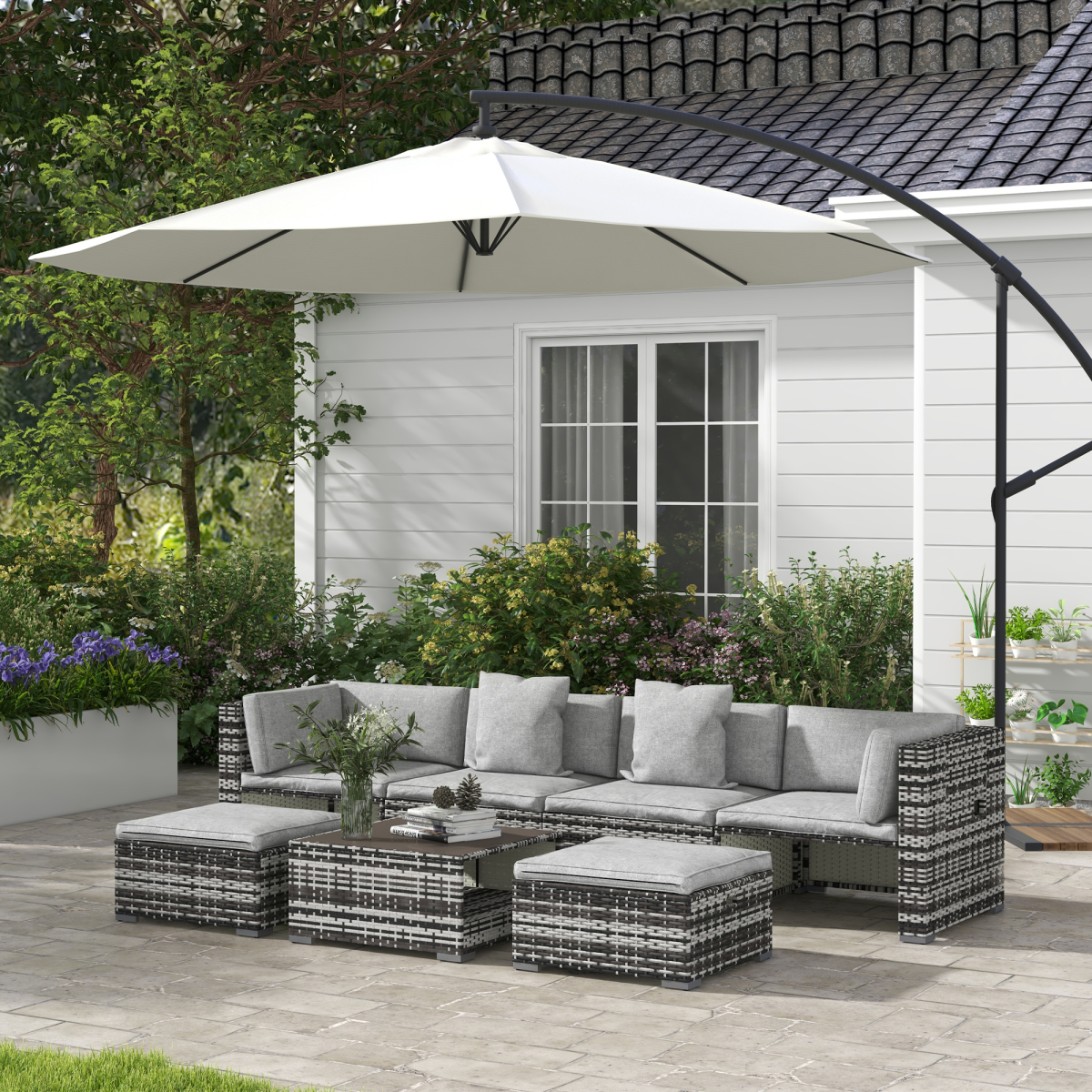 Outsunny 7-Piece PE Rattan Patio Furniture Set with 2 Armless Chairs, 2 Side Chairs, 2 Stools and Coffee Table, Mixed Grey