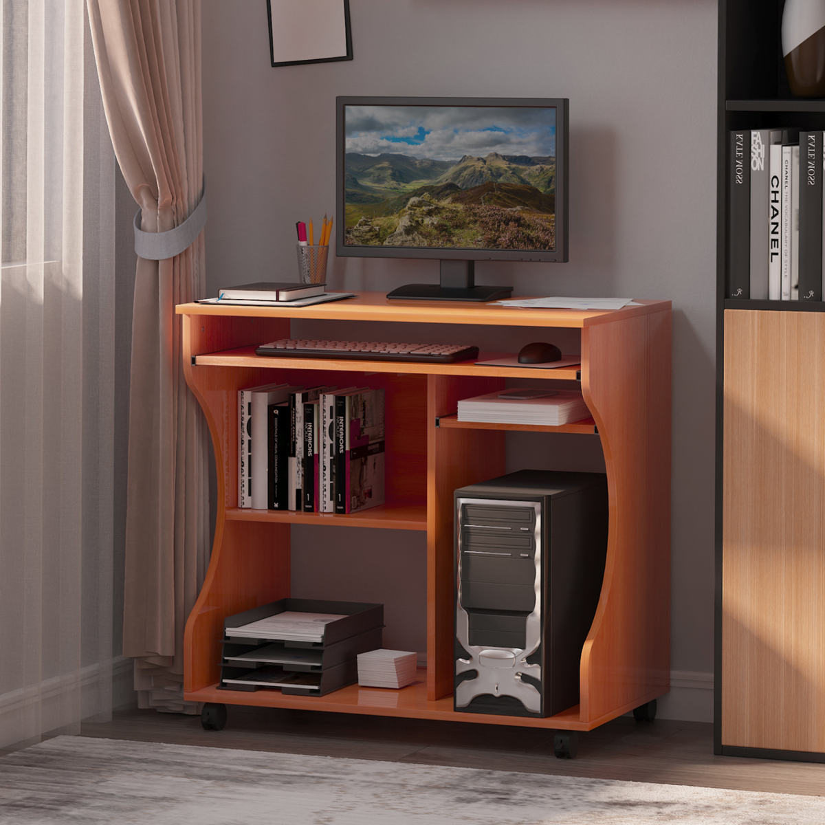 HOMCOM Computer Desk with Keyboard Tray, Storage Shelf, Wheels, Cherry Wood