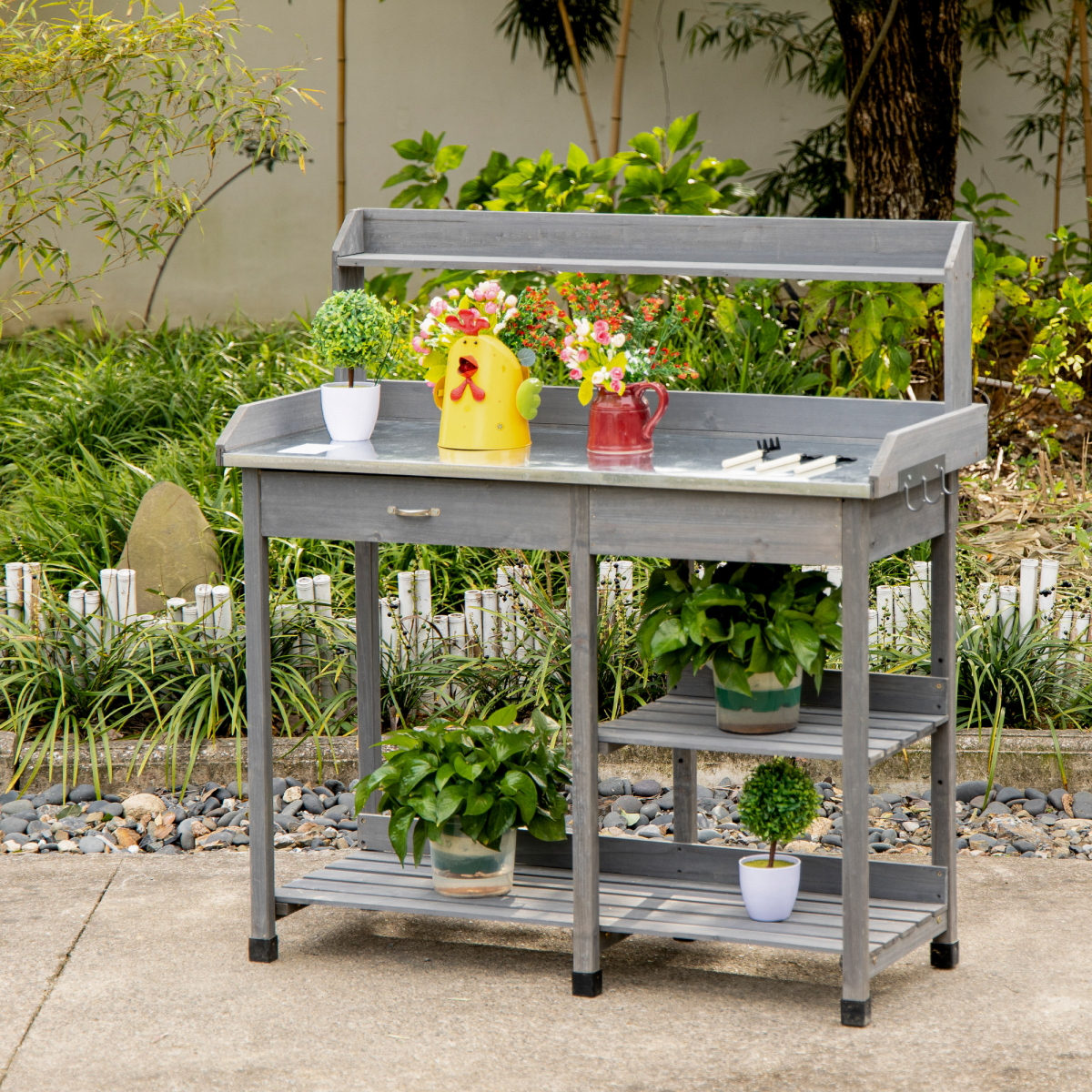 Outsunny Garden Potting Workstation Bench with Galvanized Metal Tabletop, Drawer, Shelves and Tool Hooks