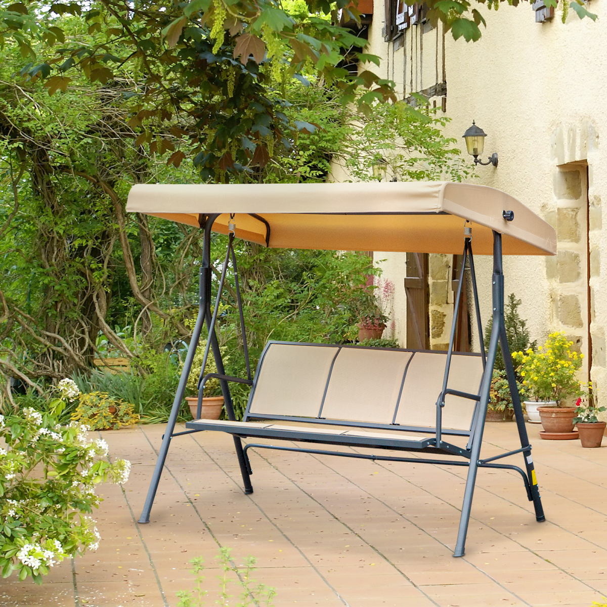 Outsunny 3-Seater Swing Chair with Weather-Resistant Canopy, Steel Frame, Beige