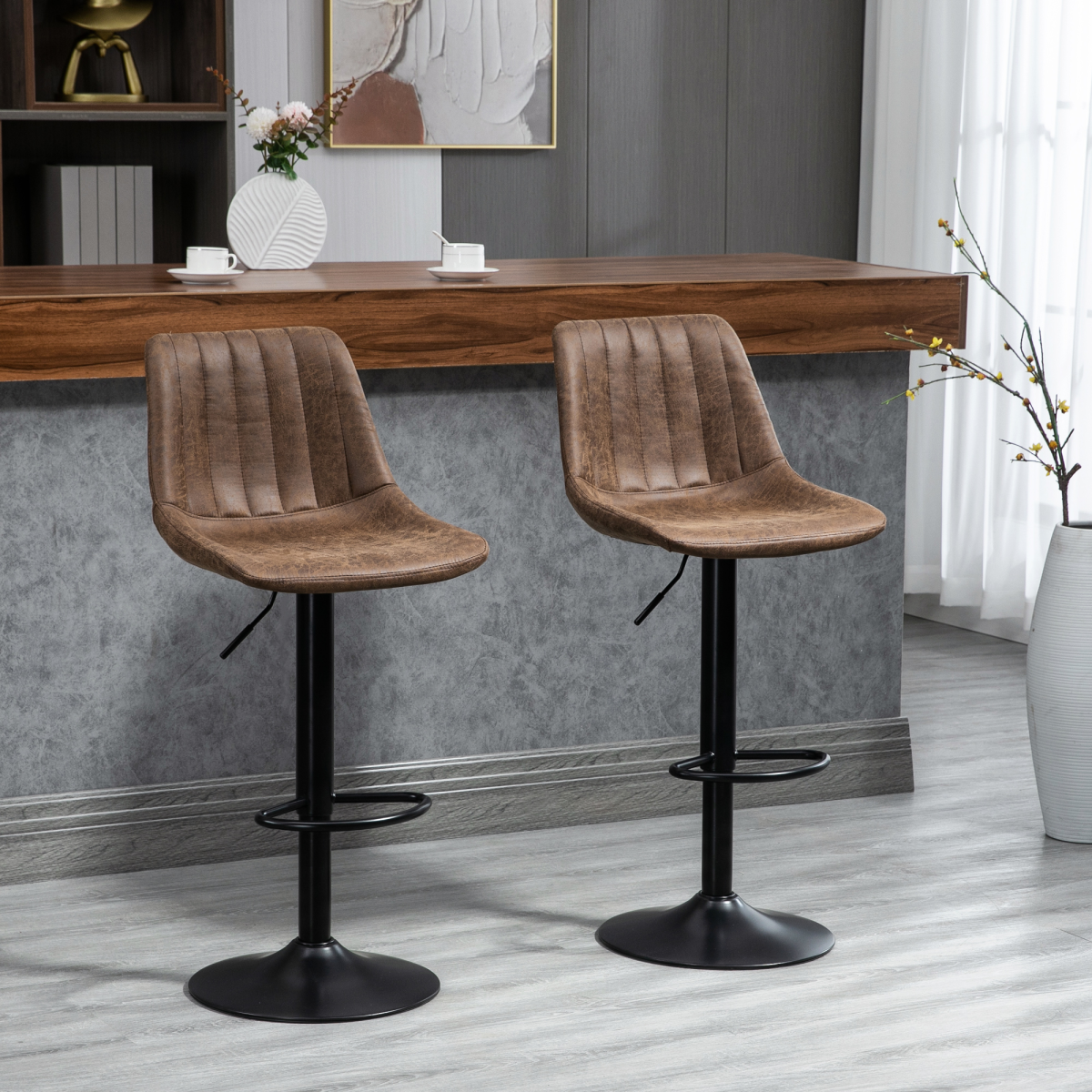 Set of 2 Retro Microfibre Tub Bar Stools with Adjustable Height, Metal Frame and Footrest, Brown