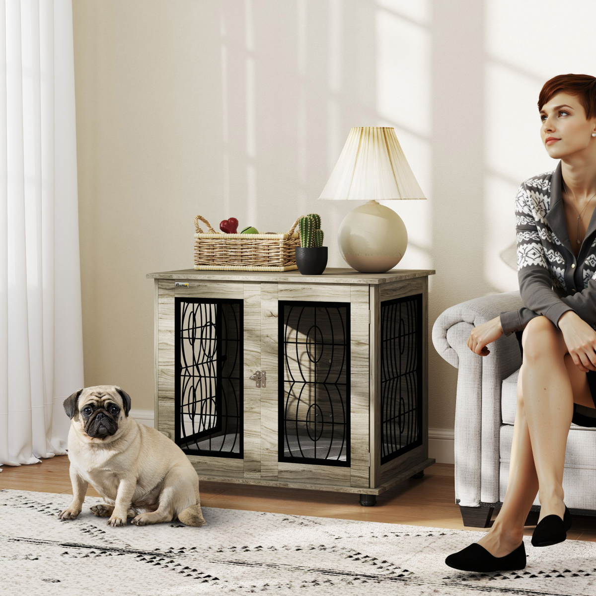 PawHut Dog Crate Furniture End Table for Medium Dogs with Cushion