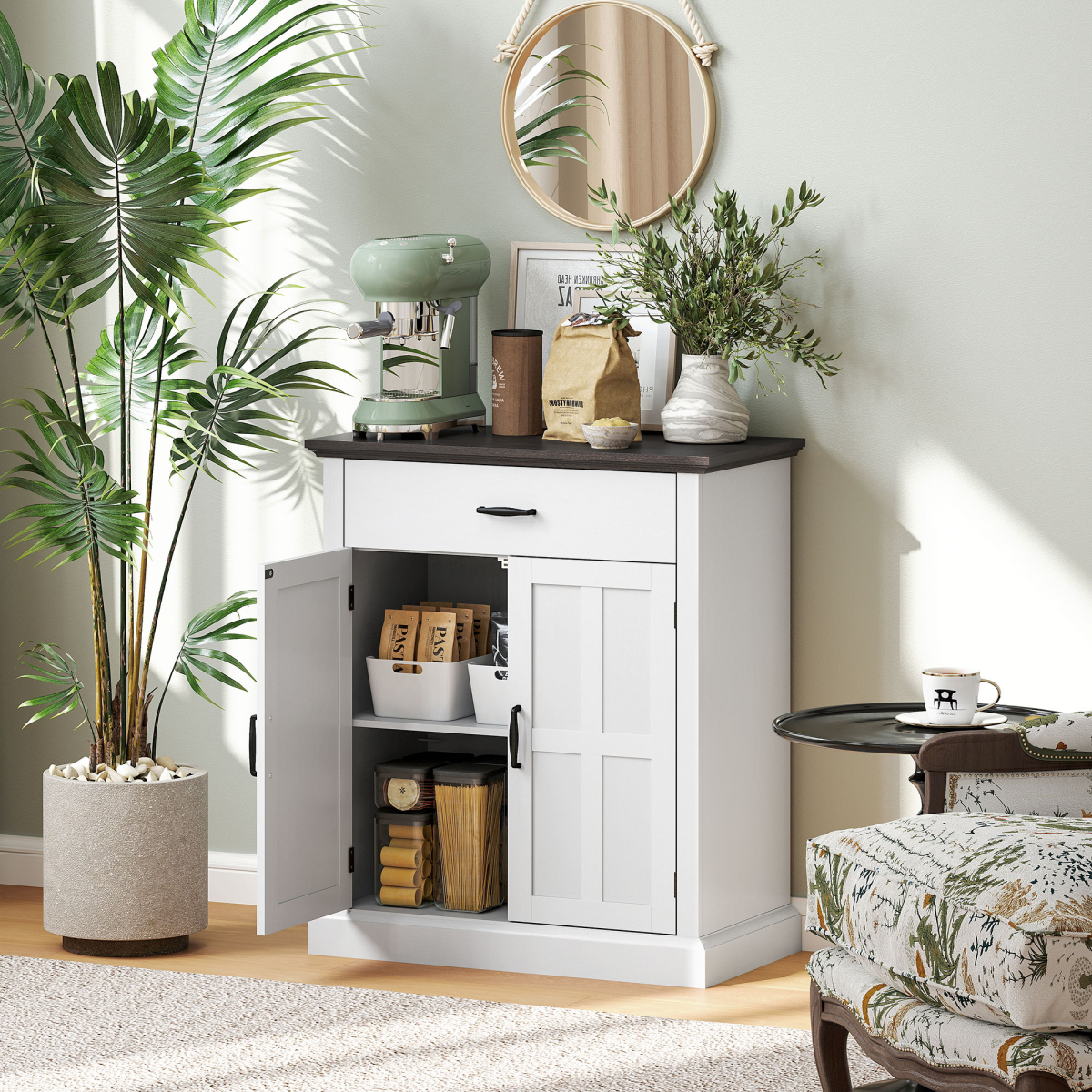 HOMCOM White Sideboard Cabinet with Barn Doors and Thick Top