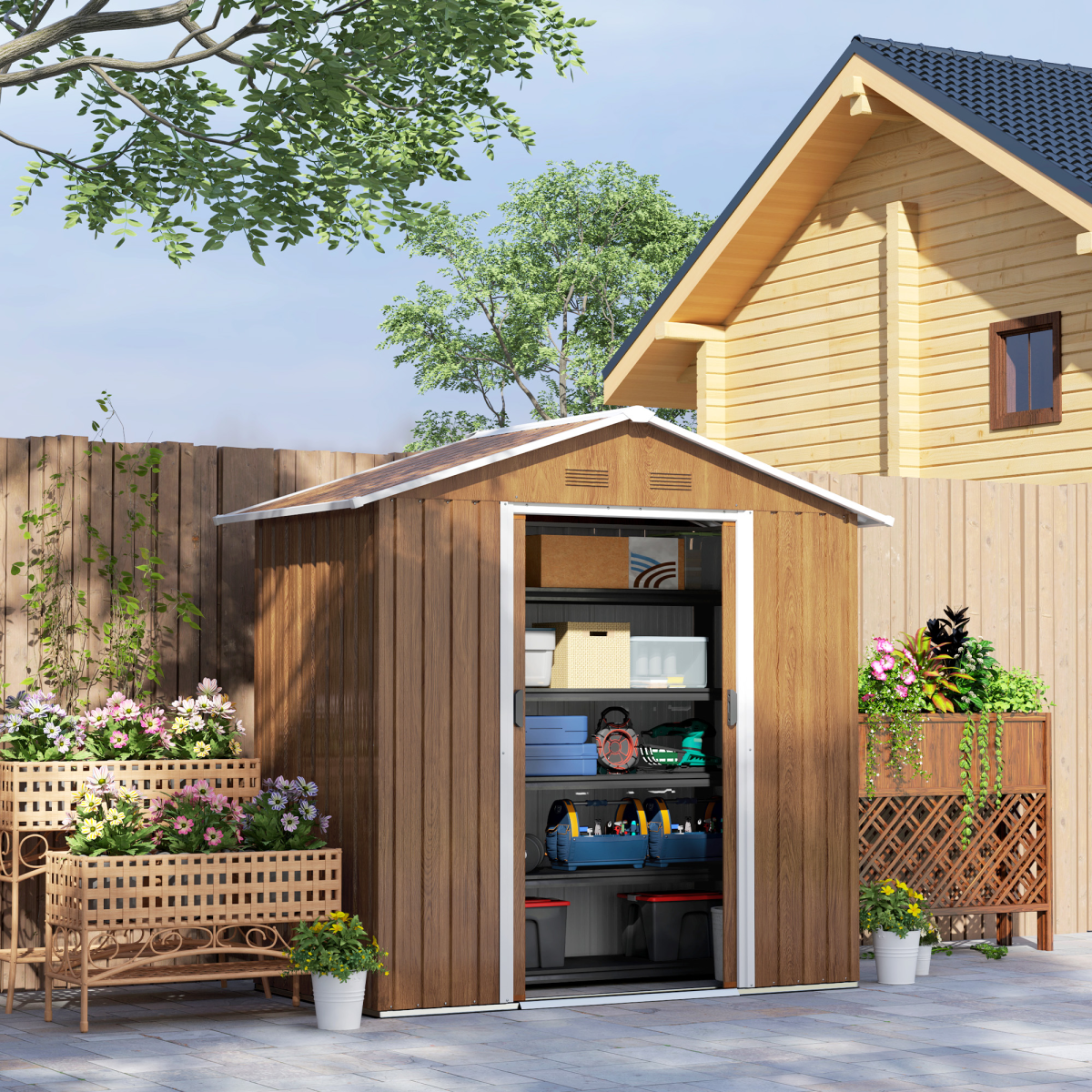 Outsunny 6.5 x 3.5ft Galvanised Steel Garden Shed, Brown Wood Effect