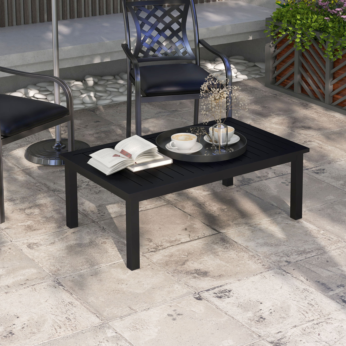 Outsunny Aluminium Outdoor Coffee Table, Slatted Top, Black