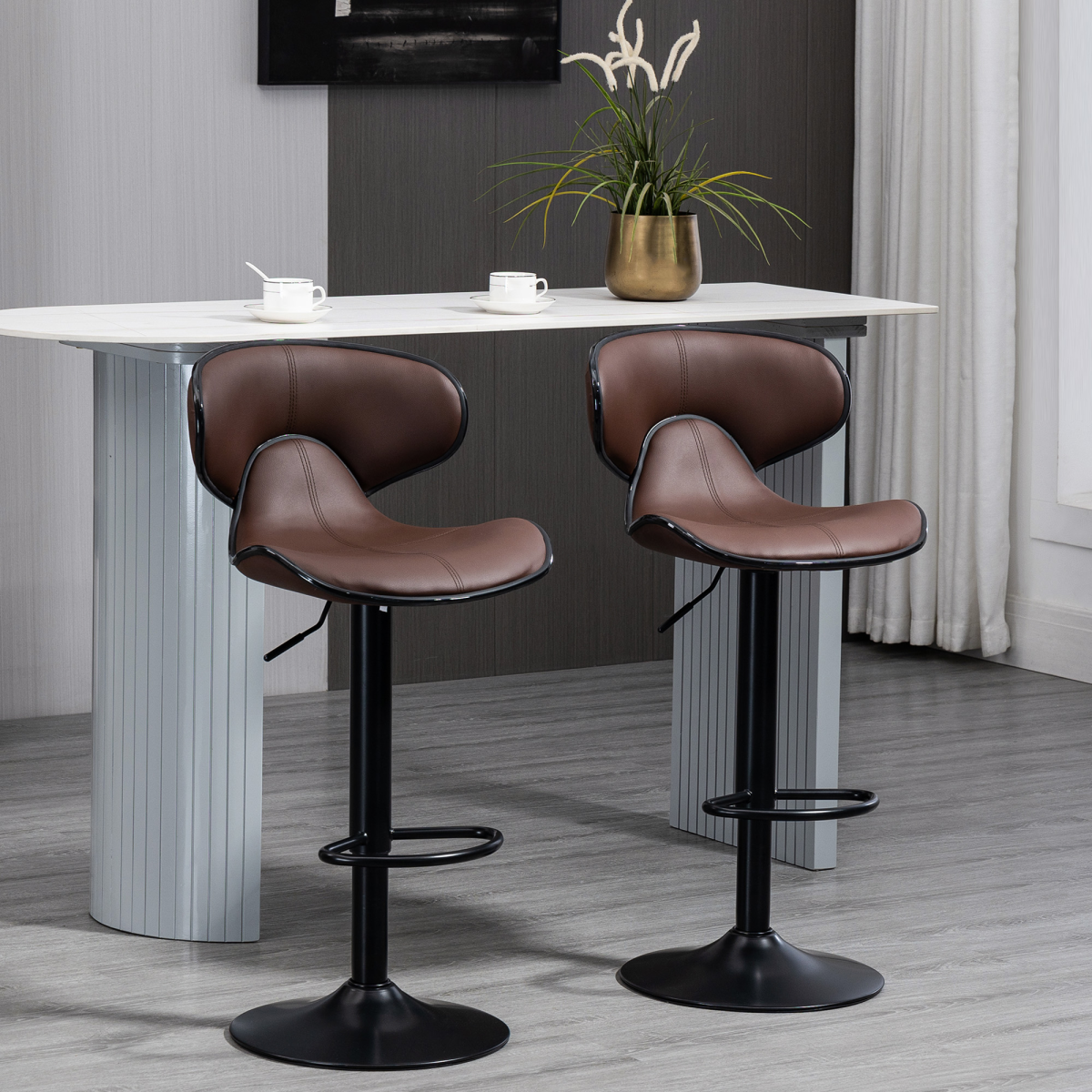 HOMCOM Set of 2 Adjustable Swivel Bar Stools with Backrest, Footrest and Steel Frame, Faux Leather Upholstery