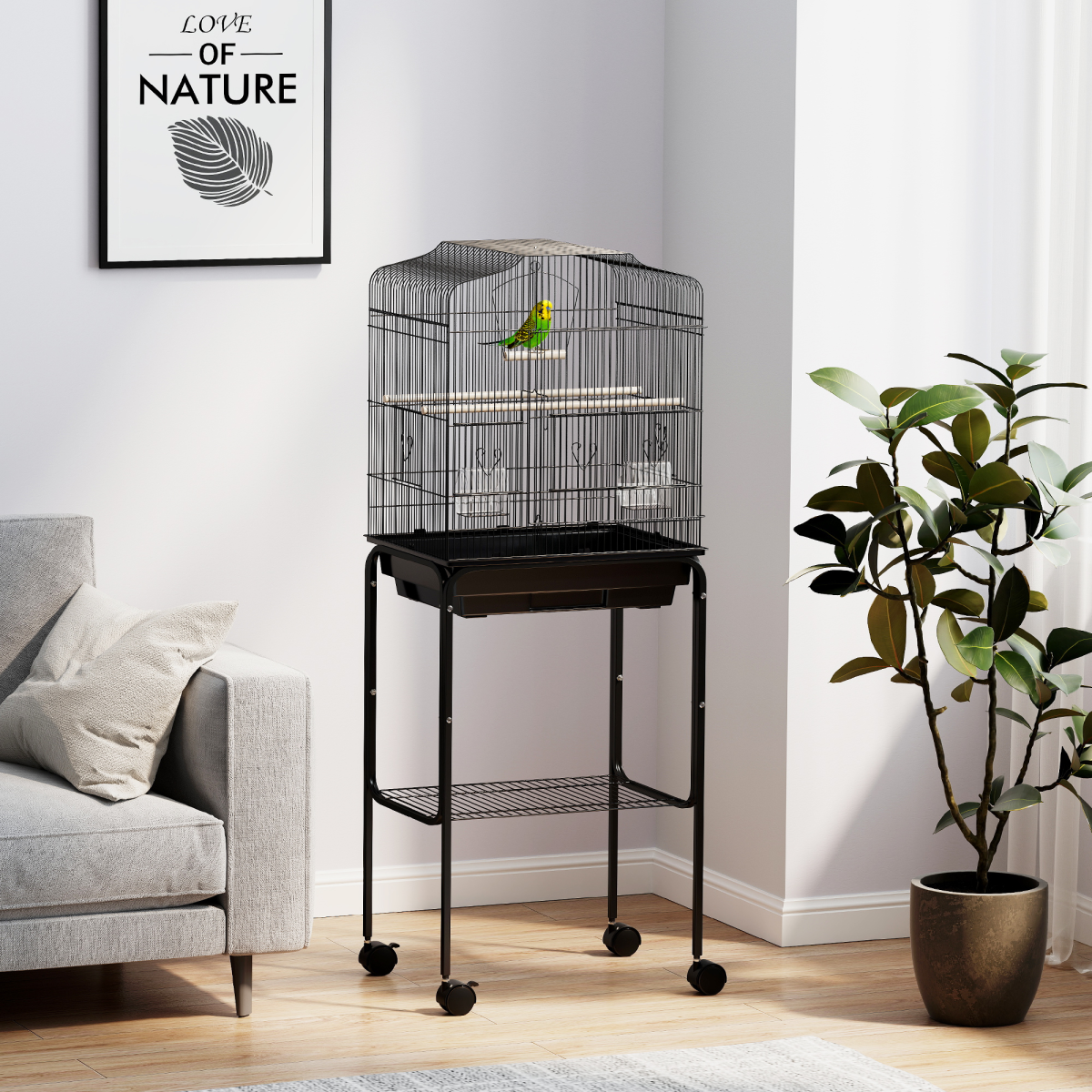 PawHut Bird Cage with Stand, Tray and Wheels for Small Birds, Black