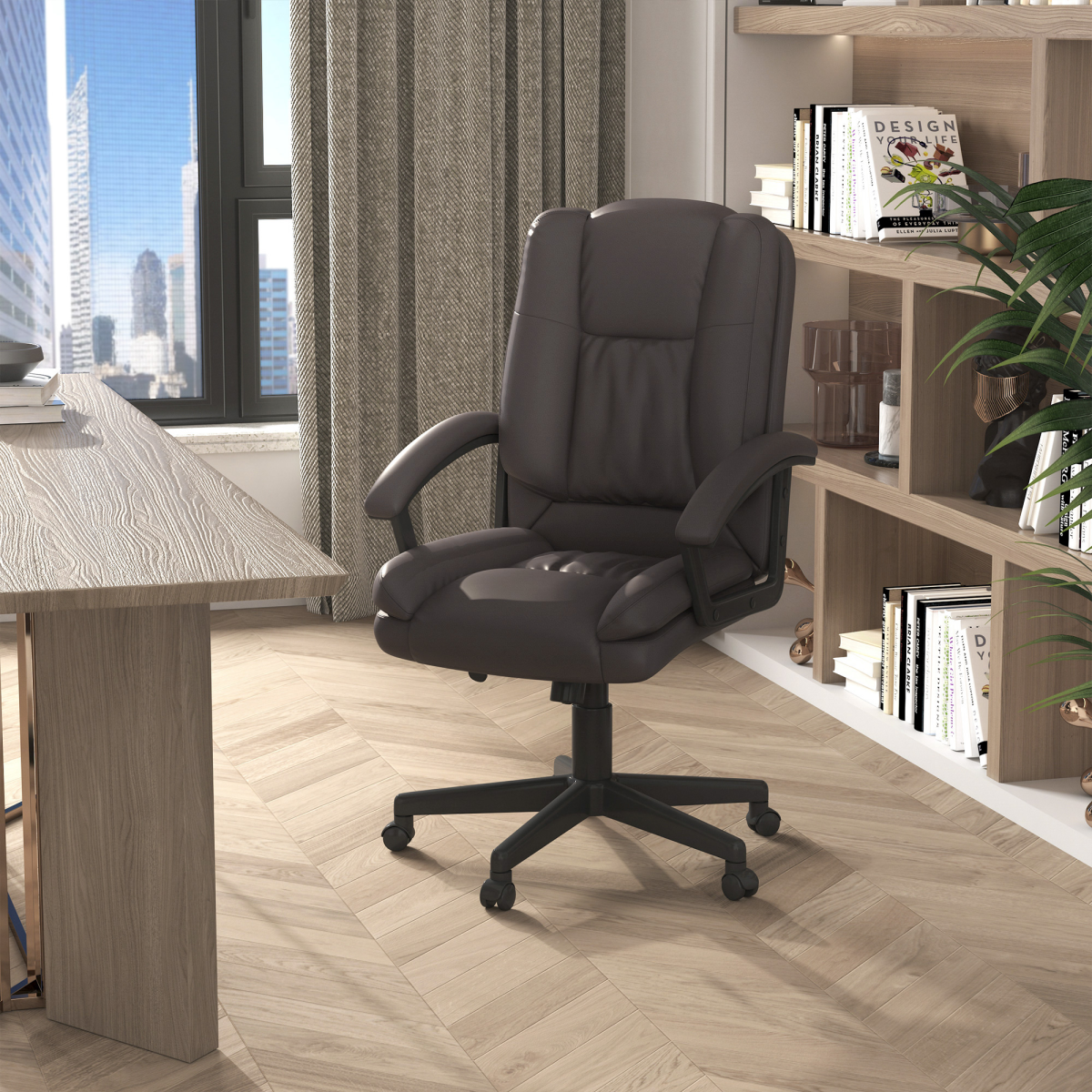 Swivel Executive Mid Back PU Leather Office Chair with Arm, Brown