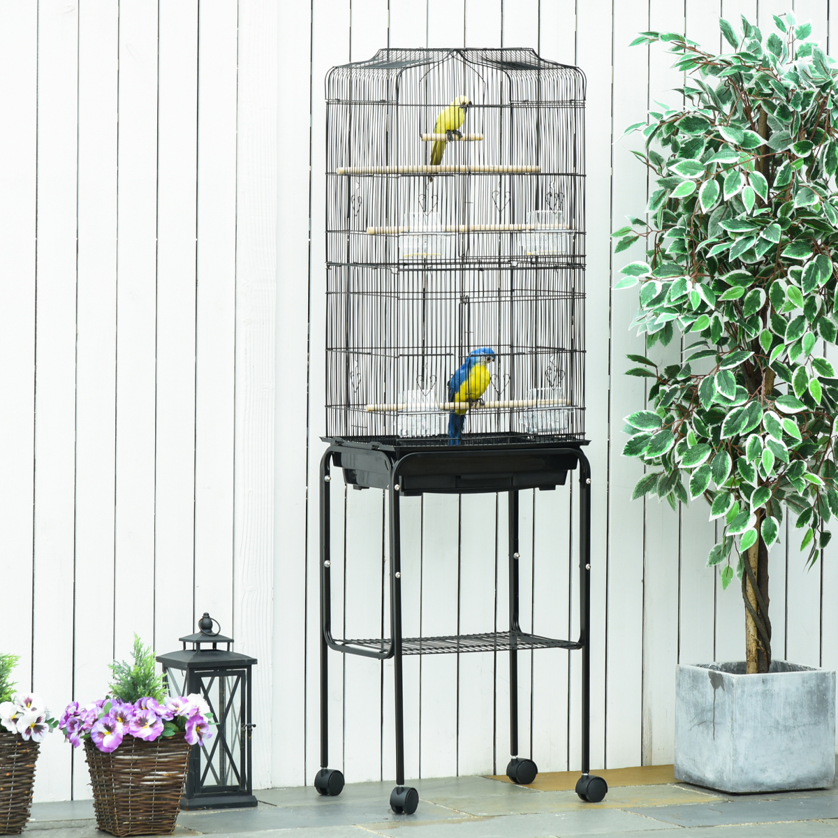 PawHut Metal Bird Cage with Rolling Stand, Slide-Out Tray and Storage Shelf, Black